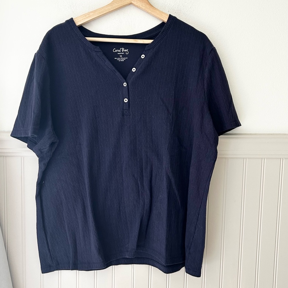 Coral Bay 1X Navy Blue Button Short Sleeve Tee